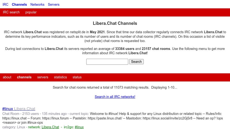 Screenshot of netsplit.de: Libera IRC Channels Sorted by Number of Users
