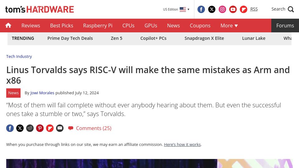 Screenshot of tomshardware.com: Linus Torvalds says RISC-V will make the same mistakes as Arm and x86