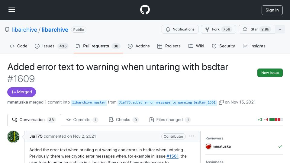 Screenshot of github.com: Jia Tan "JiaT75": Added error text to warning when untaring with bsdtar (2021)