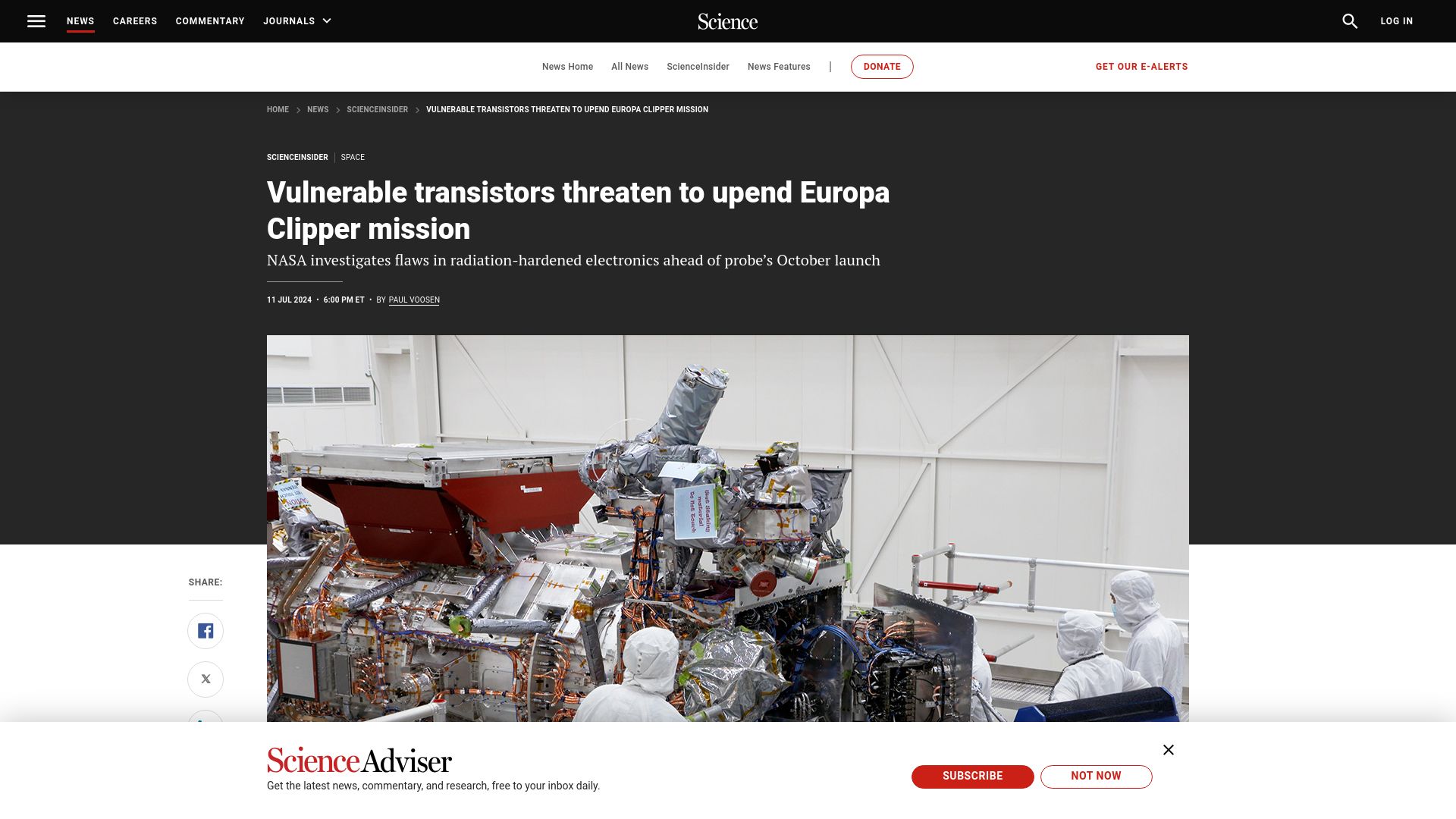 Screenshot of science.org: Vulnerable transistors threaten to upend Europa Clipper mission