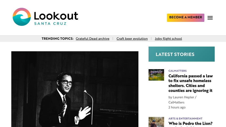Screenshot of lookout.co: Tom Lehrer and Santa Cruz: the trail of one of America's premier satirists
