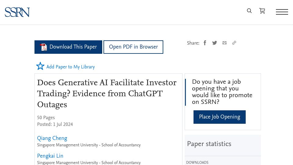 Screenshot of papers.ssrn.com: Does generative AI facilitate investor trading? Evidence from ChatGPT outages