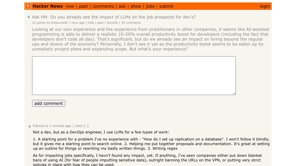 Screenshot of Hacker News post: Ask HN: Do you already see the impact of LLMs on the job prospects for dev's?