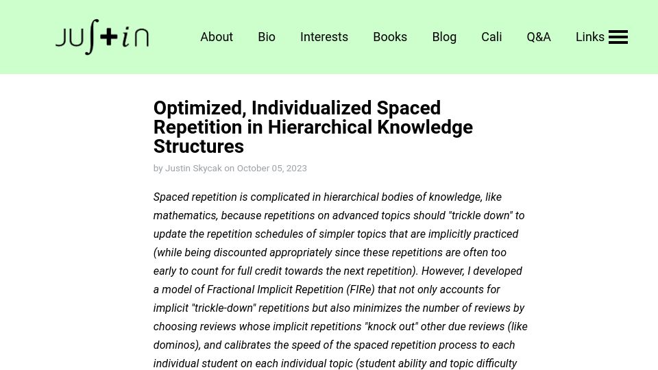Screenshot of justinmath.com: Individualized Spaced Repetition in Hierarchical Knowledge Structures