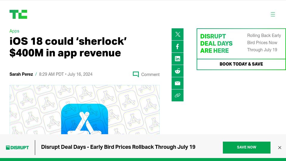 Screenshot of techcrunch.com: iOS 18 could 'sherlock' $400M in app revenue