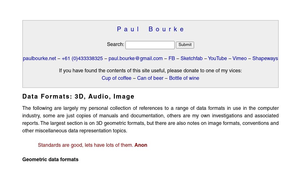 Screenshot of paulbourke.net: Data Formats: 3D, Audio, Image