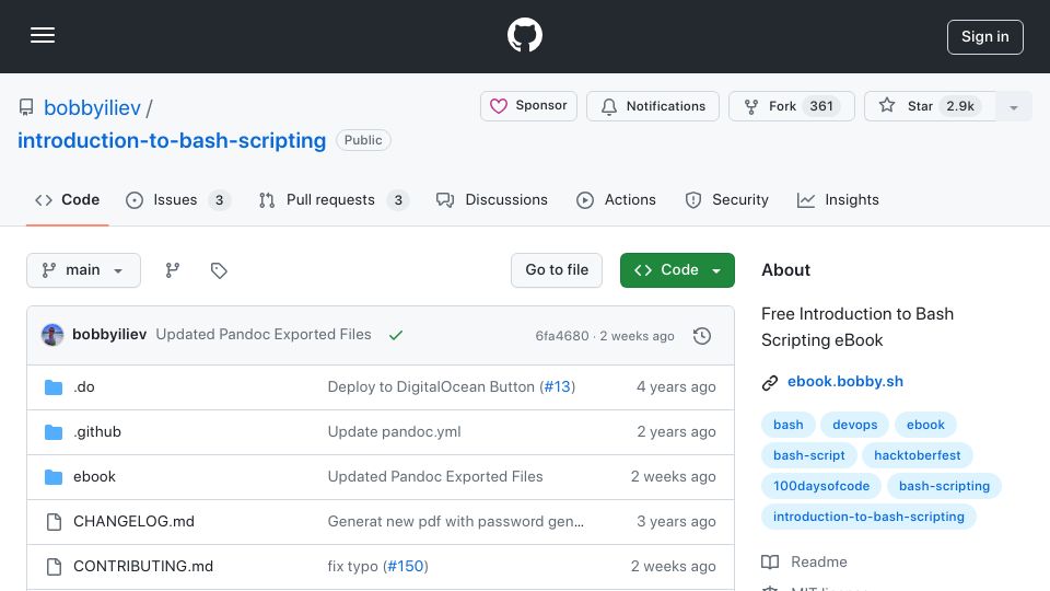 Screenshot of github.com: Introduction to Bash Scripting