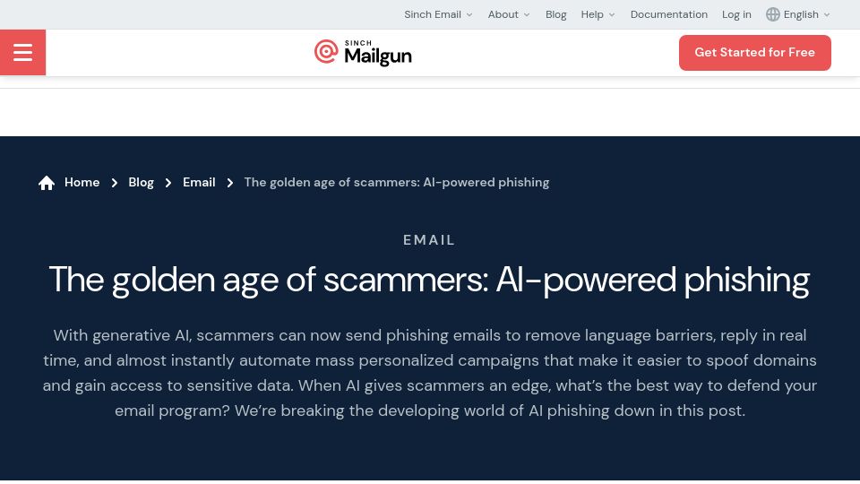 Screenshot of mailgun.com: The golden age of scammers: AI-powered phishing