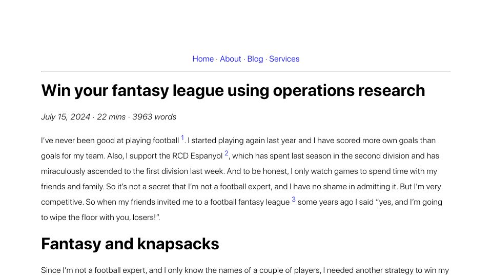Screenshot of alexmolas.com: Win your fantasy league using operations research
