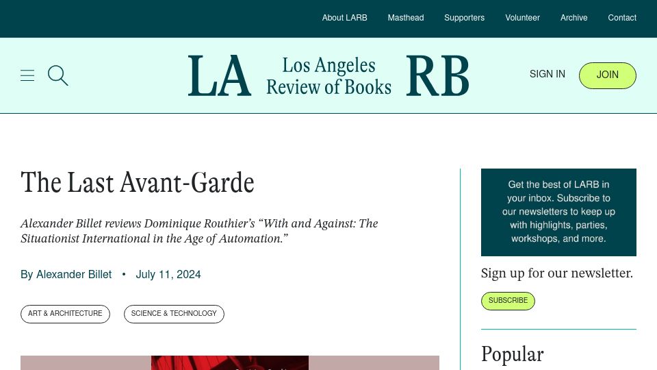 Screenshot of lareviewofbooks.org: The Last Avant-Garde