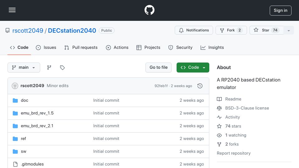 Screenshot of github.com: A RP2040 based DECstation 3000 emulator that can run DECWindows