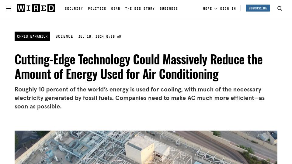 Screenshot of wired.com: New technology could reduce the amount of energy for air conditioning