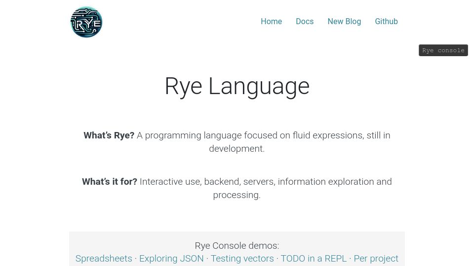Screenshot of ryelang.org: Rye Language