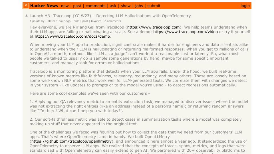 Screenshot of Hacker News post: Launch HN: Traceloop (YC W23) – Detecting LLM Hallucinations with OpenTelemetry