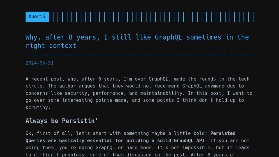 Screenshot of magiroux.com: Eight Years of GraphQL