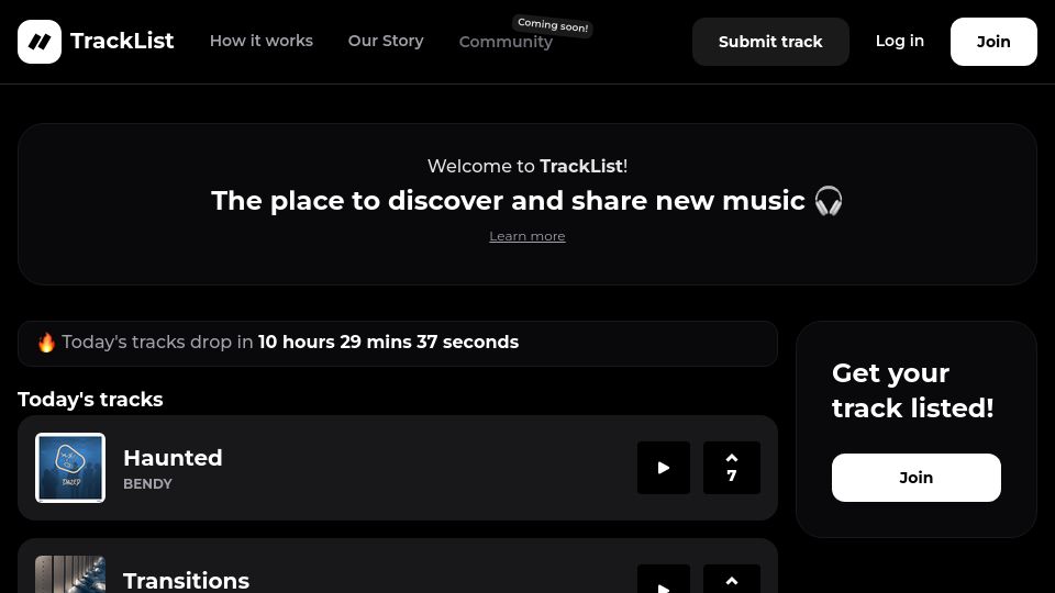 Screenshot of tracklist.it: Show HN: Product Hunt for Music