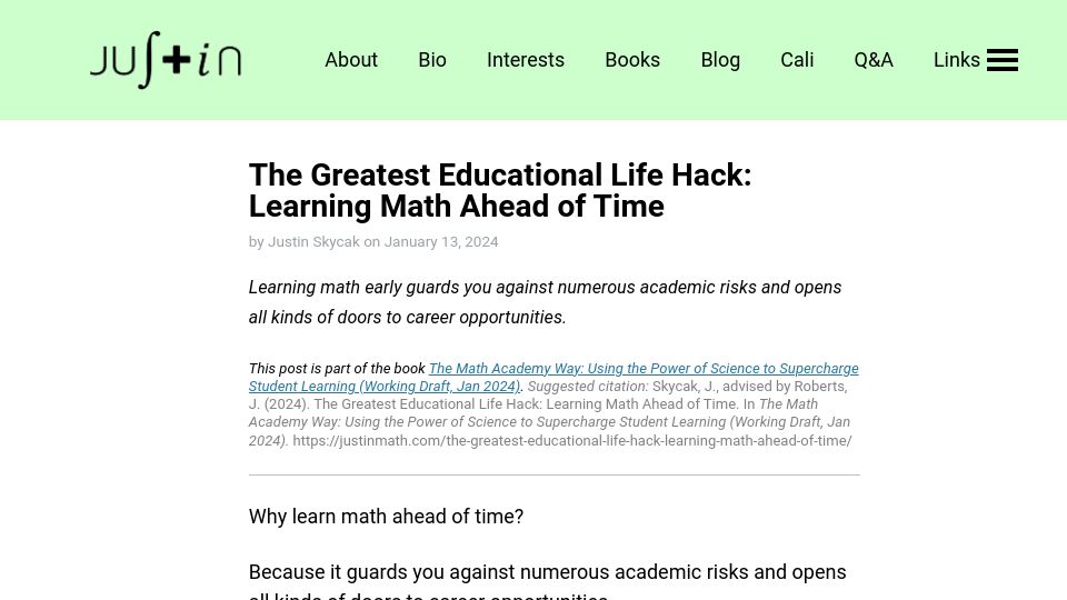 Screenshot of justinmath.com: The Greatest Educational Life Hack: Learning Math Ahead of Time