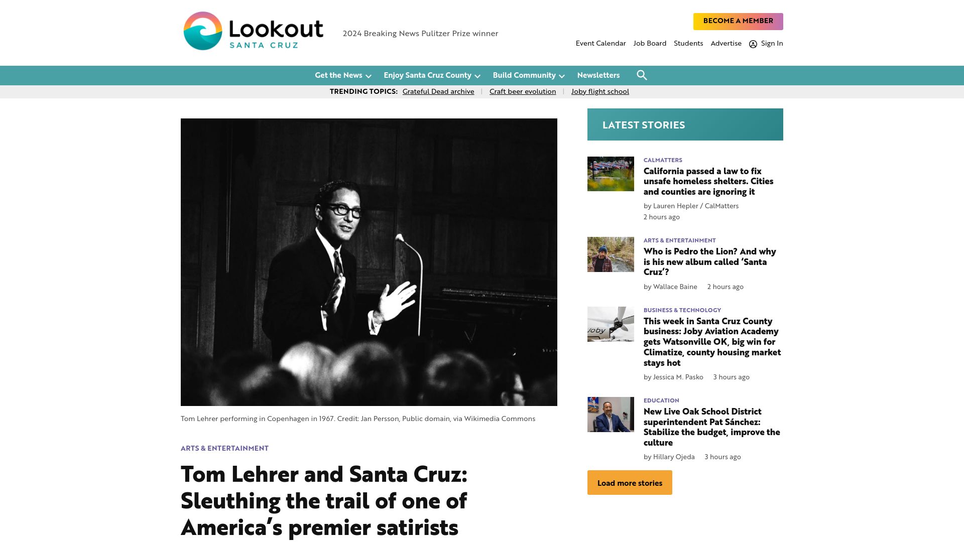 Screenshot of lookout.co: Tom Lehrer and Santa Cruz: the trail of one of America's premier satirists