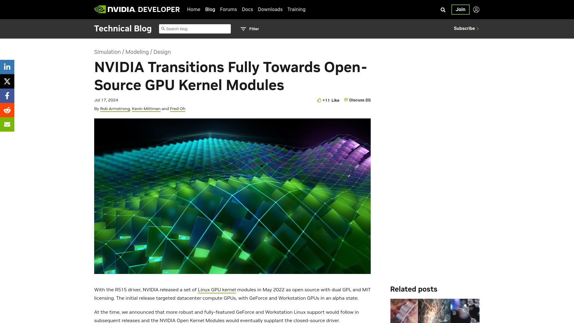 Screenshot of developer.nvidia.com: NVIDIA Transitions Fully Towards Open-Source Linux GPU Kernel Modules