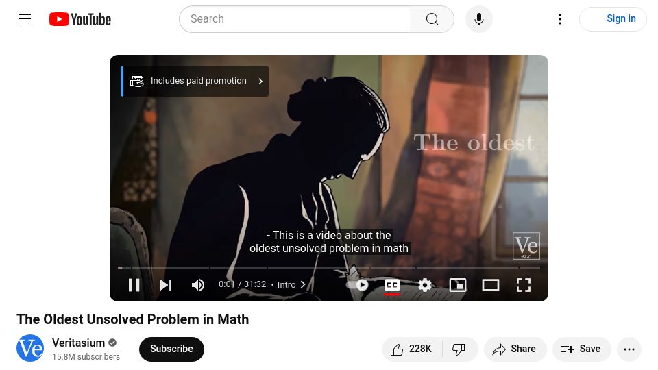 Screenshot of youtube.com: The Oldest Unsolved Problem in Math