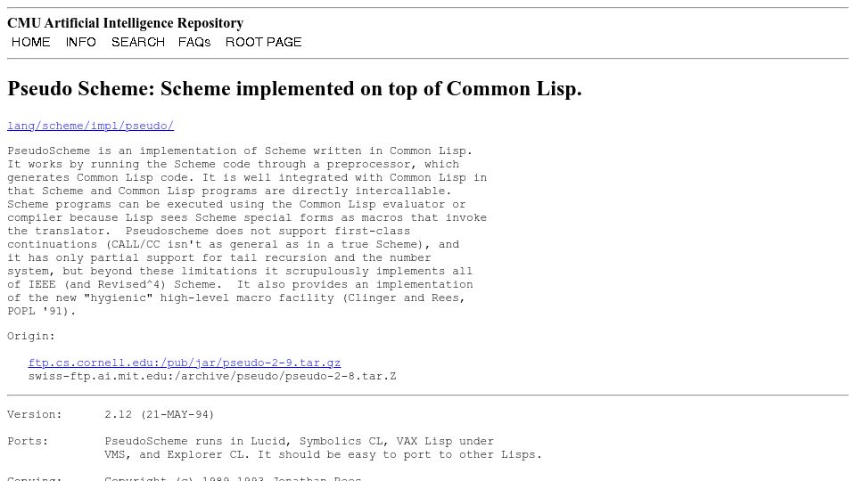 Screenshot of cs.cmu.edu: Pseudo Scheme: Scheme Implemented on Top of Common Lisp