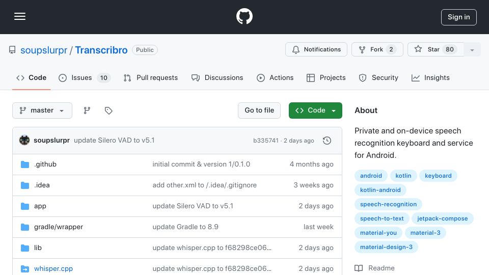 Screenshot of github.com: Transcribro: On-device Accurate Speech-to-text