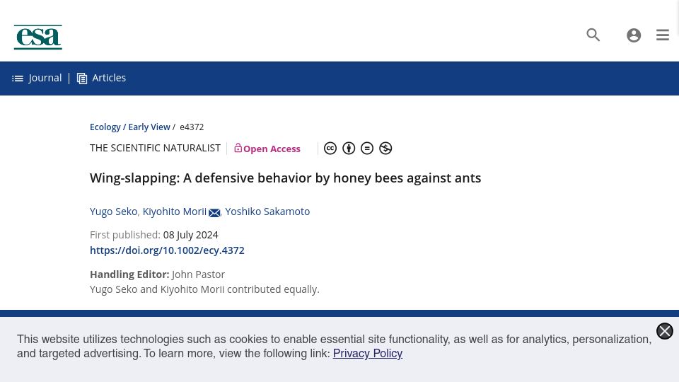 Screenshot of esajournals.onlinelibrary.wiley.com: Wing-slapping: A defensive behavior by honey bees against ants