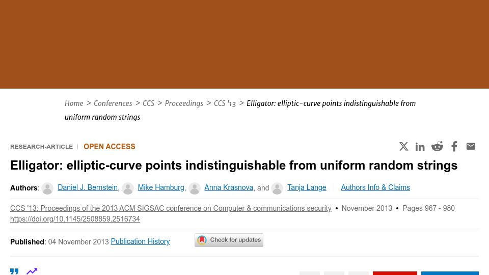 Screenshot of dl.acm.org: Elligator: Elliptic-curve points indistinguishable from uniform random strings (2013)