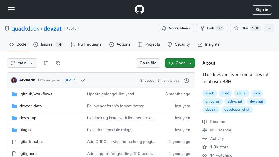 Screenshot of github.com: Devzat – Chat over SSH, with some nice quality-of-life features