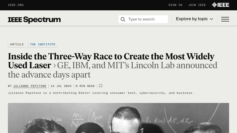 Screenshot of spectrum.ieee.org: Inside the Three-Way Race to Create the Most Widely Used Laser