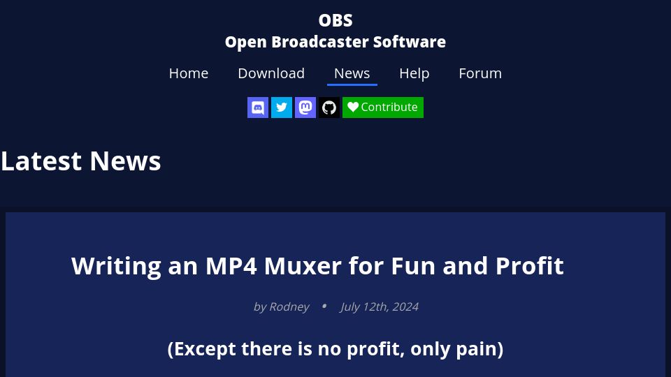 Screenshot of obsproject.com: Writing an MP4 Muxer for Fun and Profit