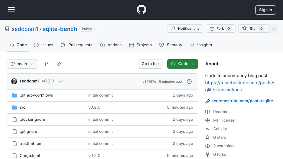 Screenshot of github.com: Show HN: SQLite Transaction Benchmarking Tool