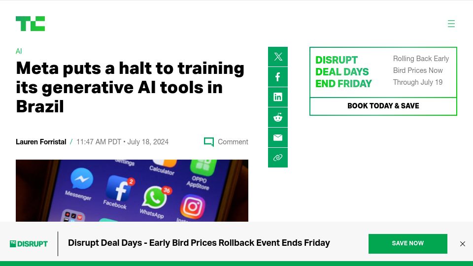 Screenshot of techcrunch.com: Meta puts a halt to training its generative AI tools in Brazil
