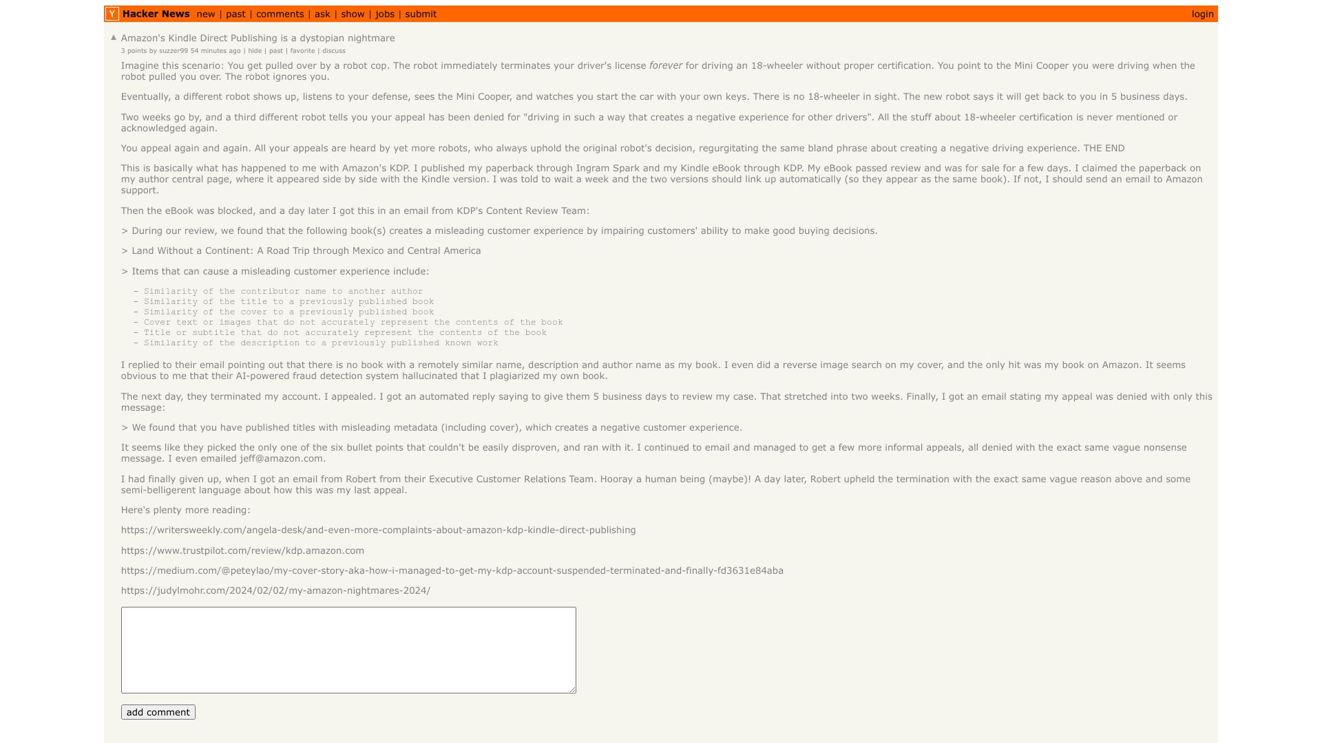 Screenshot of this Hacker News post: Amazon's Kindle Direct Publishing is a dystopian nightmare