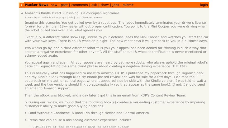 Screenshot of Hacker News post: Amazon's Kindle Direct Publishing is a dystopian nightmare