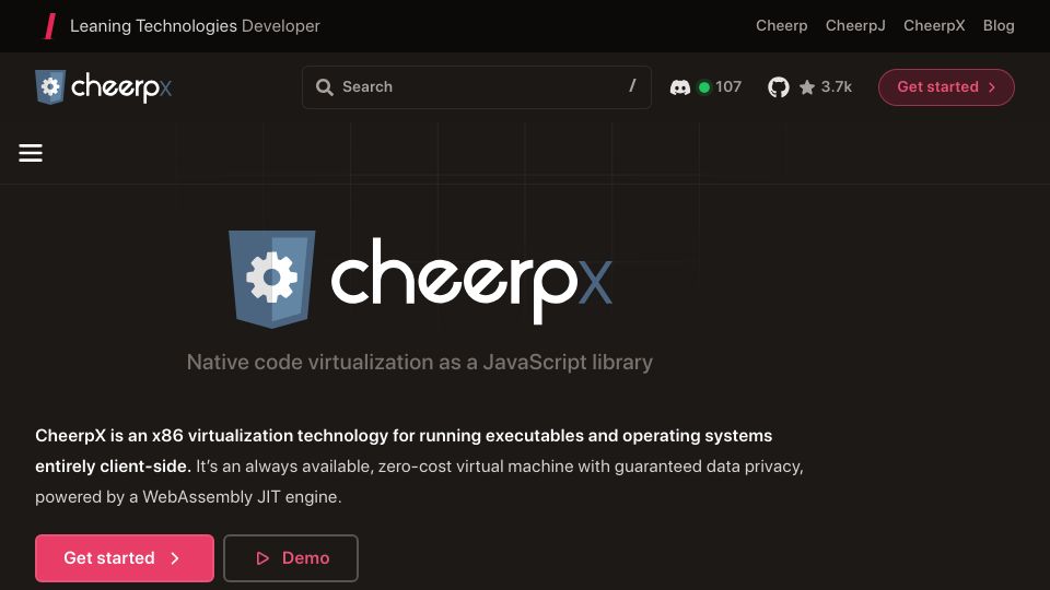 Screenshot of labs.leaningtech.com: CheerpX is x86 virtualization to run executables and OS client-side