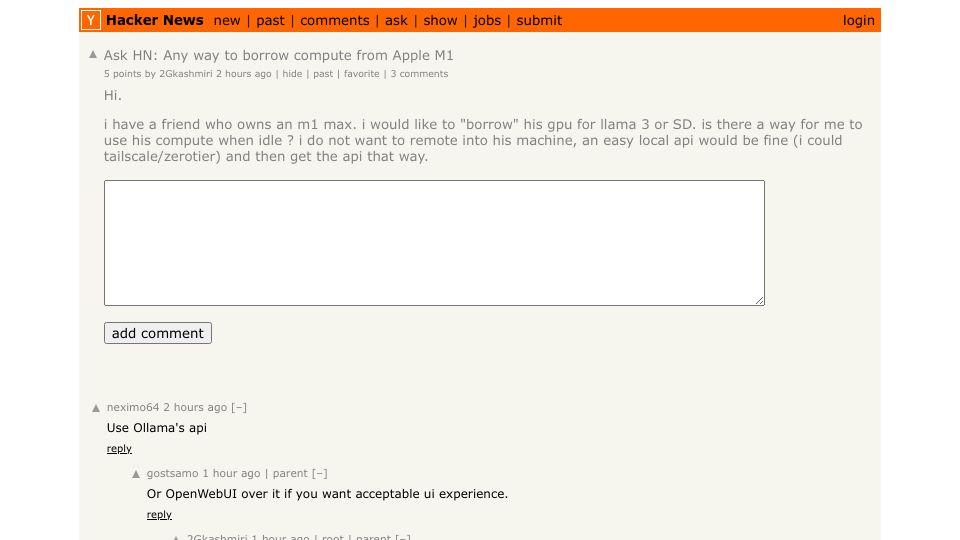 Screenshot of Hacker News post: Ask HN: Any way to borrow compute from Apple M1