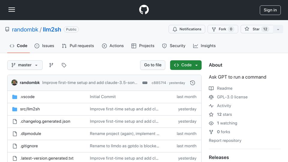 Screenshot of github.com: Show HN: Llm2sh – Translate plain-language requests into shell commands