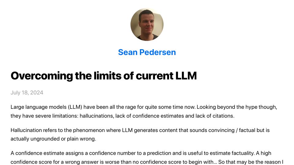 Screenshot of seanpedersen.github.io: Overcoming the limits of current LLMs