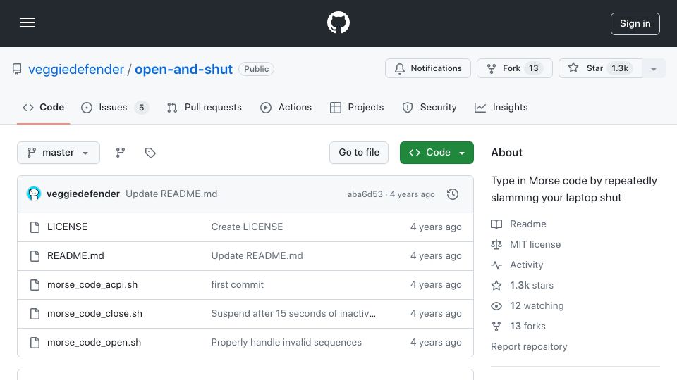Screenshot of github.com: Type in Morse code by repeatedly slamming your laptop shut