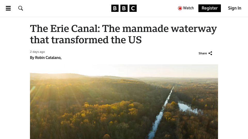 Screenshot of bbc.com: The Erie Canal: The man-made waterway that transformed the US
