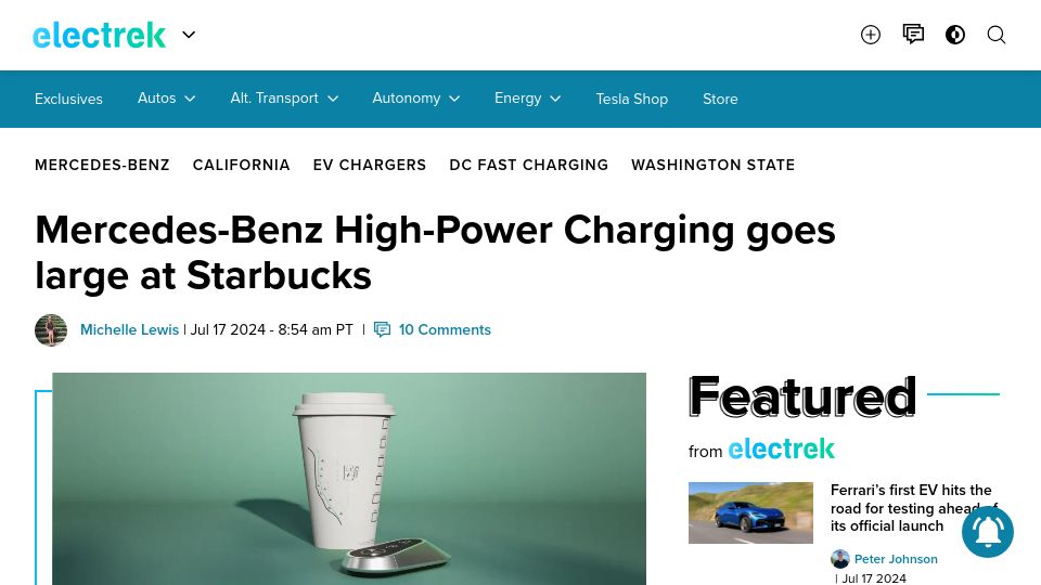 Screenshot of electrek.co: Mercedes-Benz high-power charging goes large at Starbucks