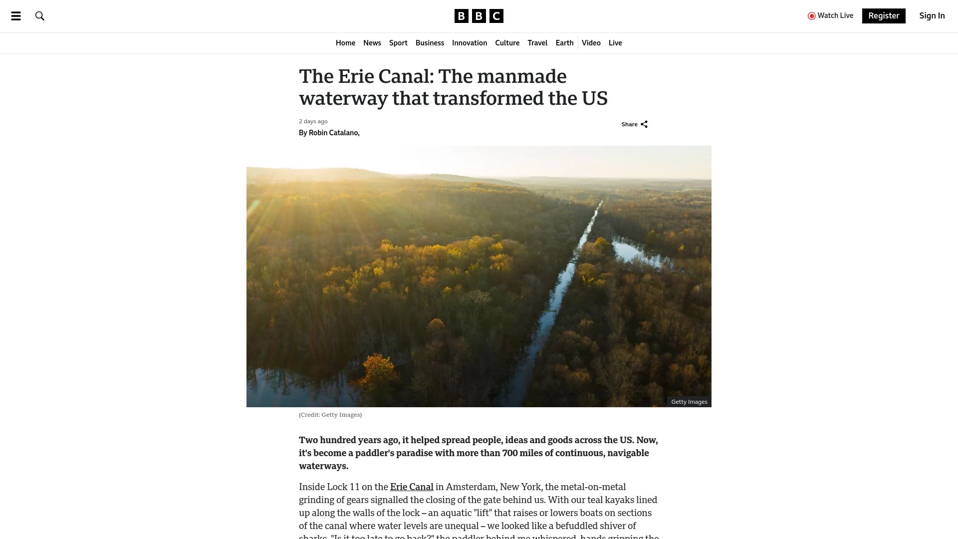 Screenshot of bbc.com: The Erie Canal: The man-made waterway that transformed the US