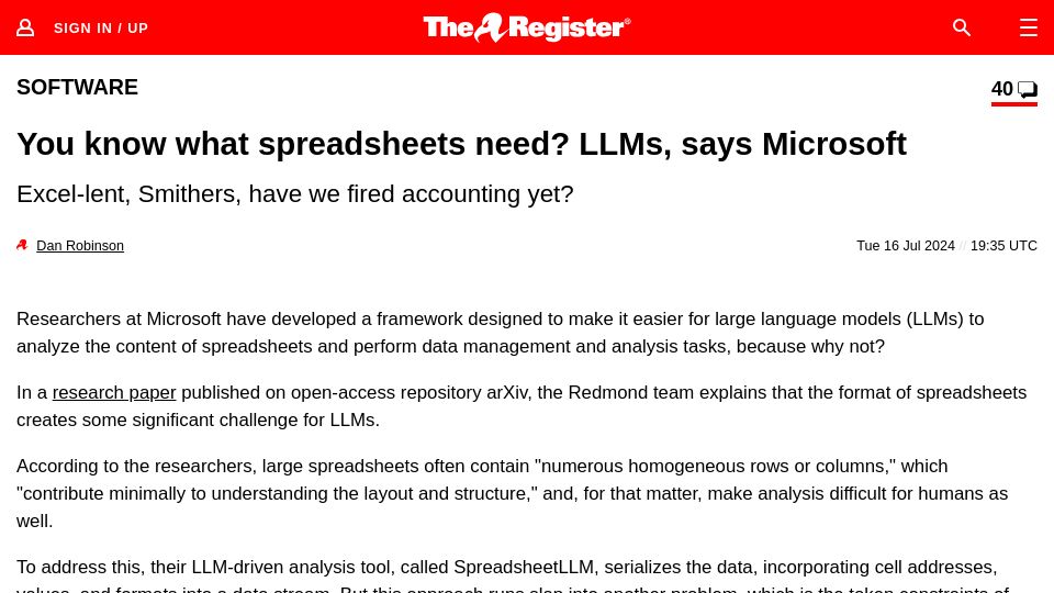 Screenshot of theregister.com: SpreadsheetLLM – Microsoft's new AI system