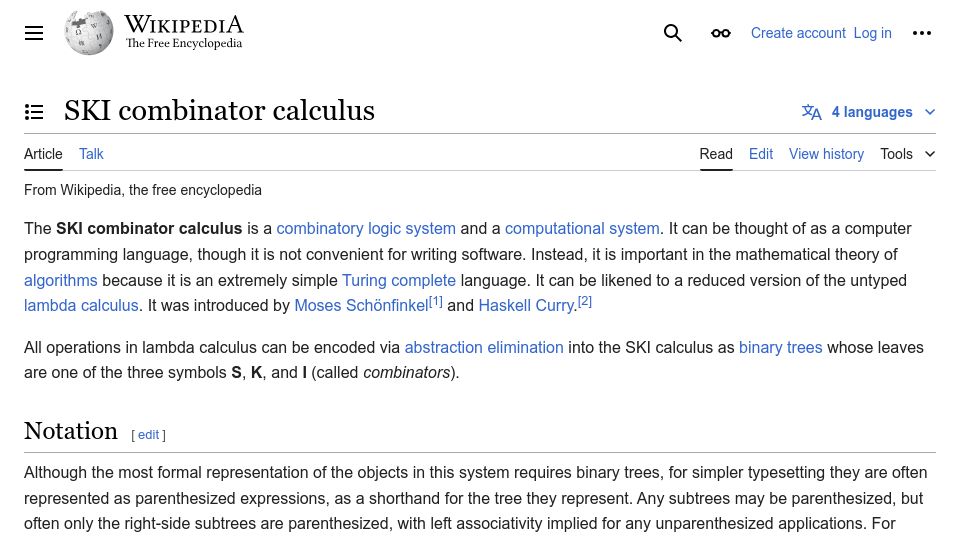 Screenshot of en.wikipedia.org: SKI Combinator Calculus