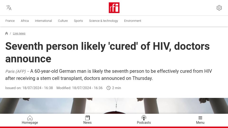 Screenshot of rfi.fr: 60-year-old German man likely seventh person to be effectively cured from HIV