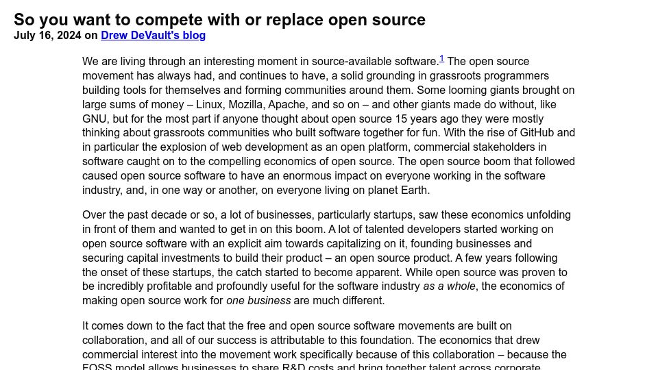 Screenshot of drewdevault.com: So you want to compete with or replace open source