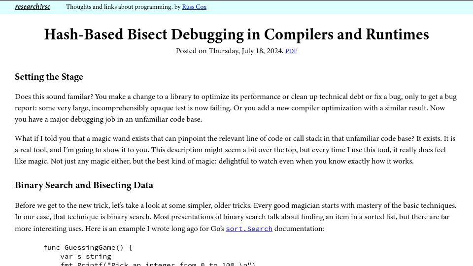 Screenshot of research.swtch.com: Hash-based bisect debugging in compilers and runtimes