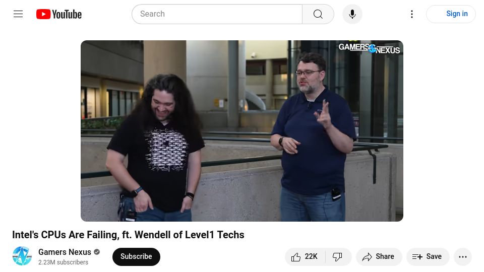 Screenshot of youtube.com: Intel's CPUs Are Failing, Ft. Wendell of Level1 Techs [video]