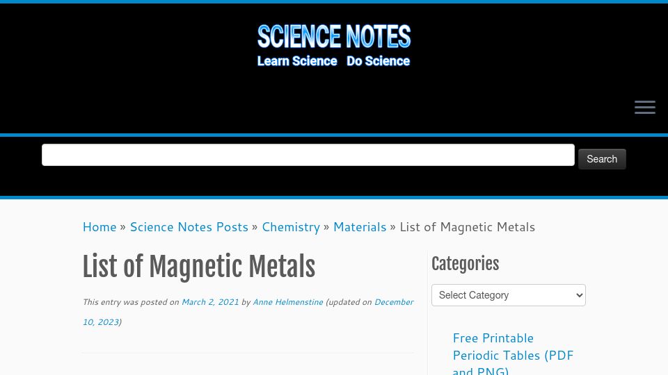 Screenshot of sciencenotes.org: What Materials Are Magnetic?